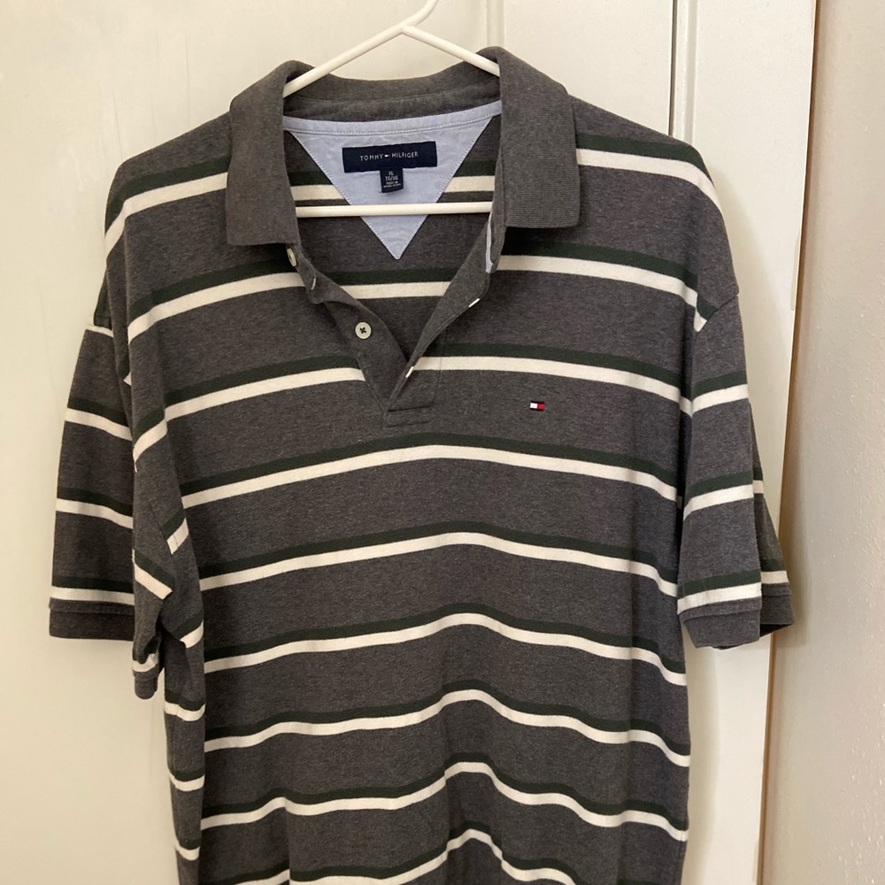 Tommy Hilfiger Striped Polo Shirt Gray Green White XL